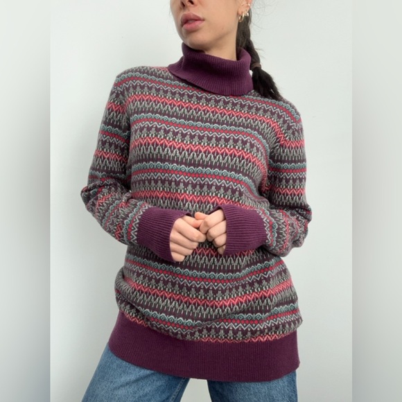 Vintage LL Bean Cotton Cashmere Fair Isle Knit Turtleneck Sweater Size L - Picture 1 of 9